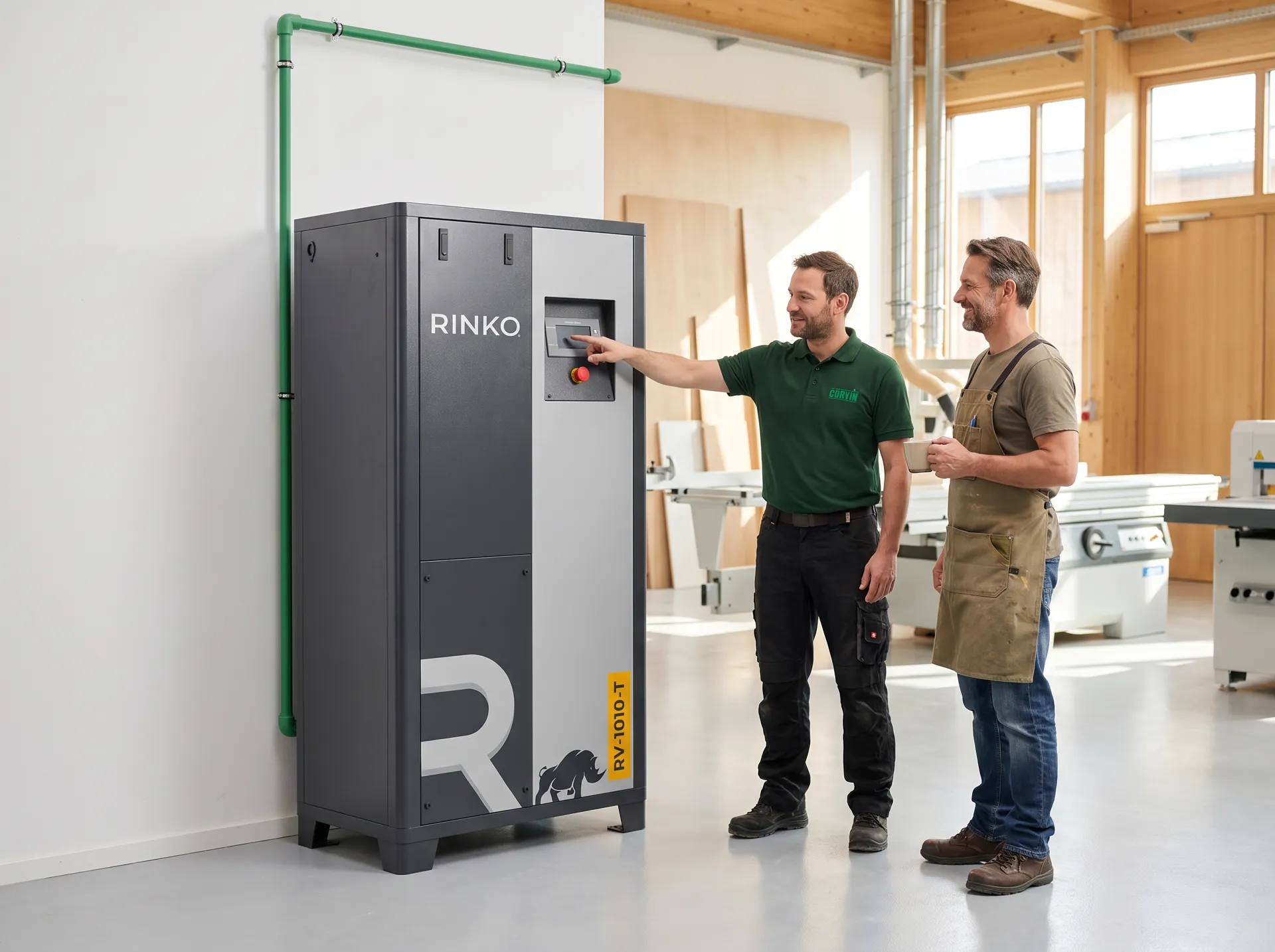 Técnico de Corvin explicando el controlador de un compresor a tornillo Rinko RV-1010-T al dueño de una carpintería